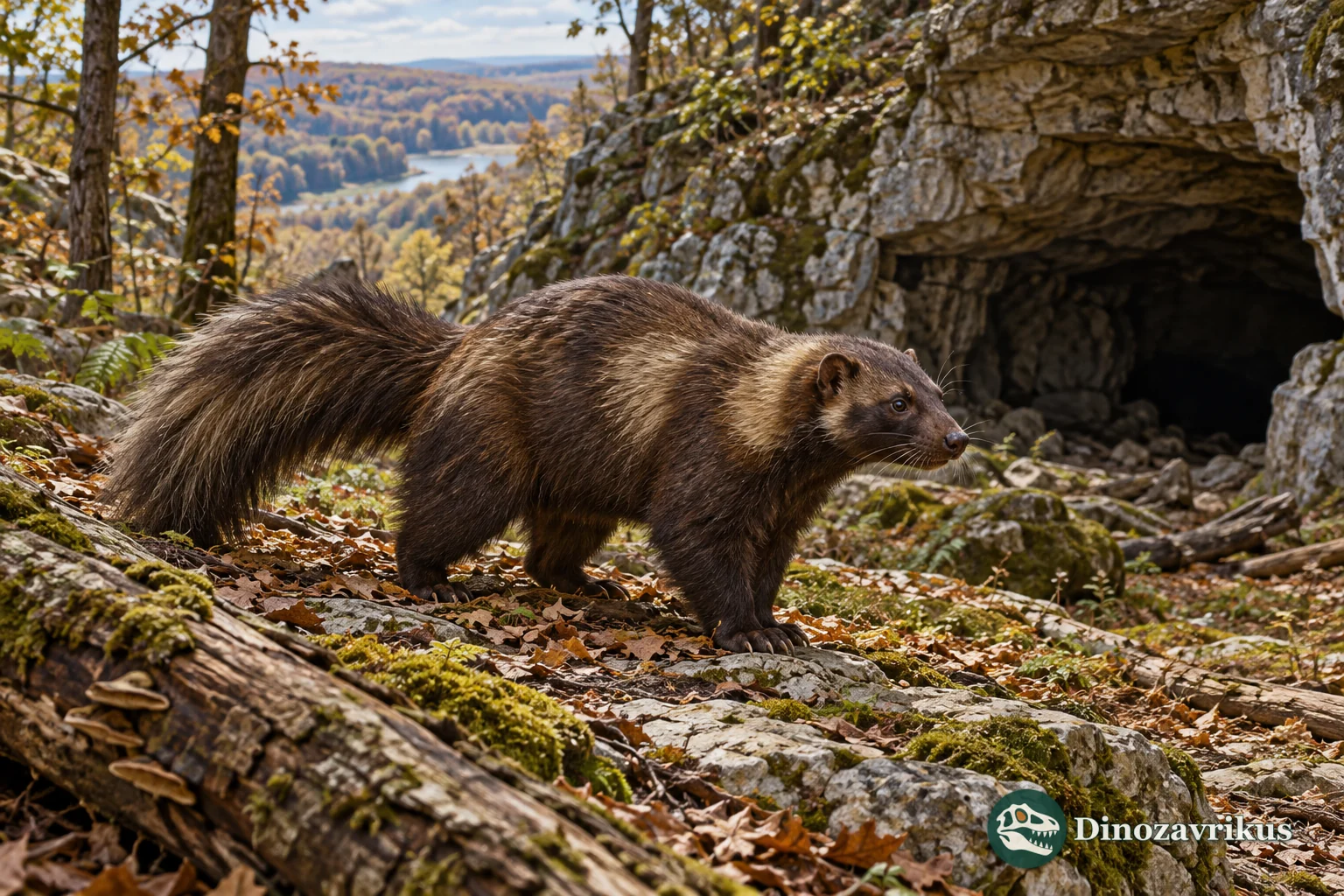 Artistic reconstruction of a small fossil skunk-like mammal near a limestone cave