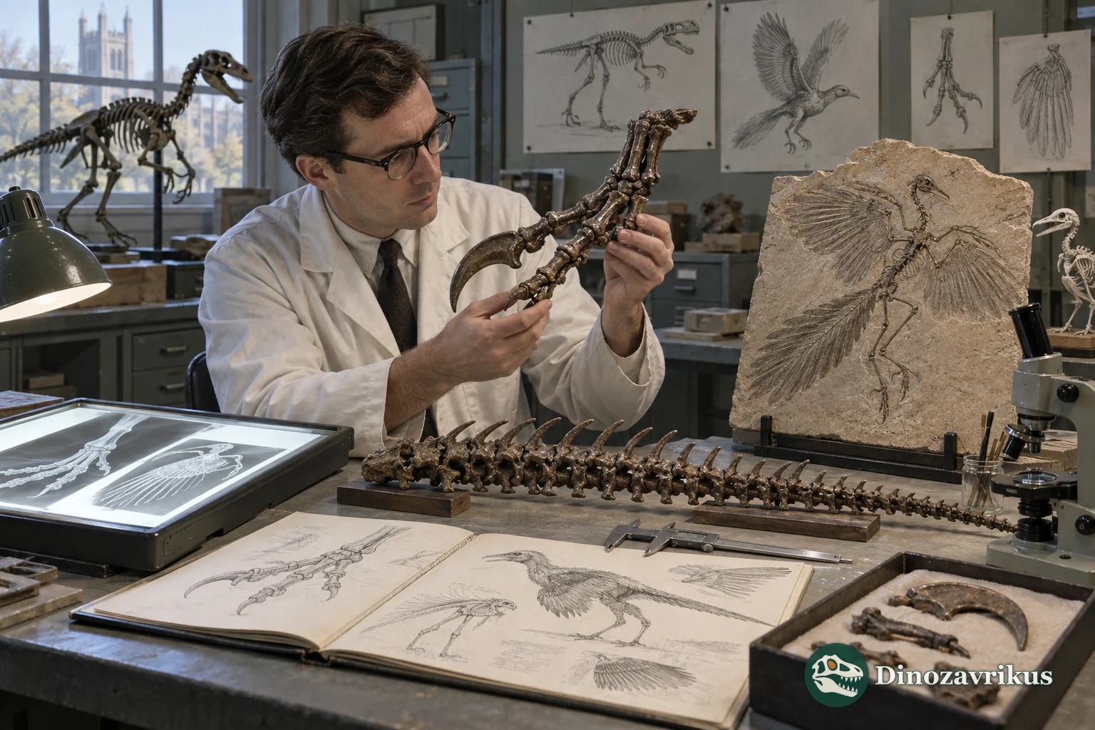 John Ostrom compares the foot of Deinonychus with an Archaeopteryx skeleton
