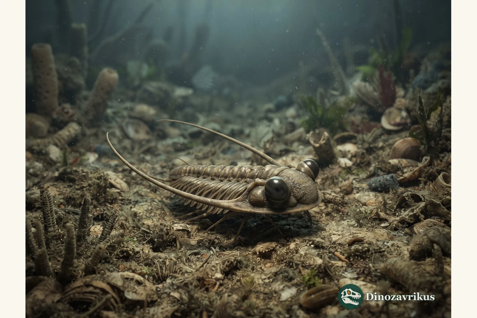 Otarion trilobite with elevated compound eyes and long genal spines on a Silurian seafloor