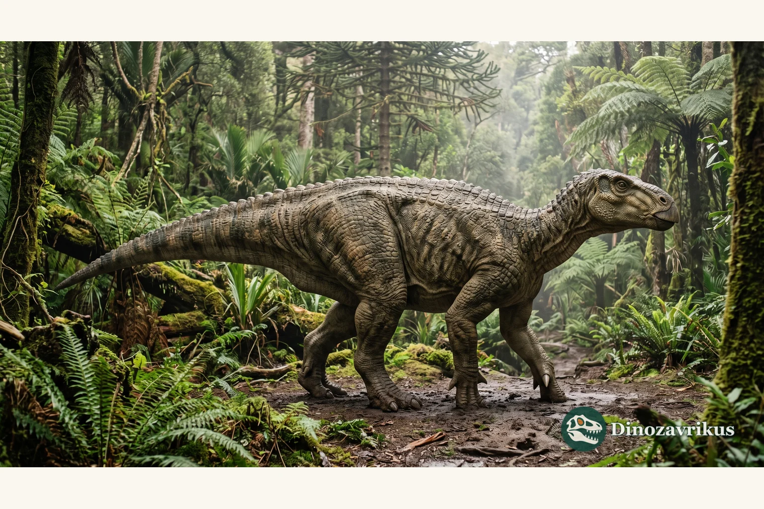 Ouranosaurus reconstructed on a forested Early Cretaceous floodplain