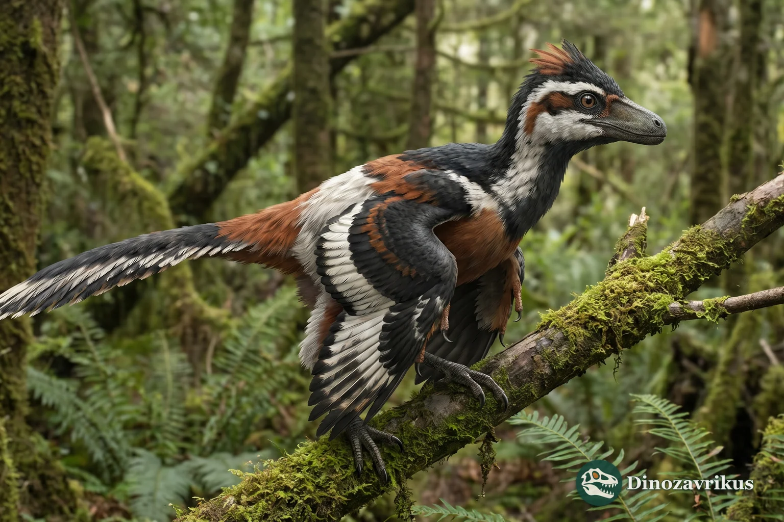 Feathered Anchiornis perched on a branch in a forest