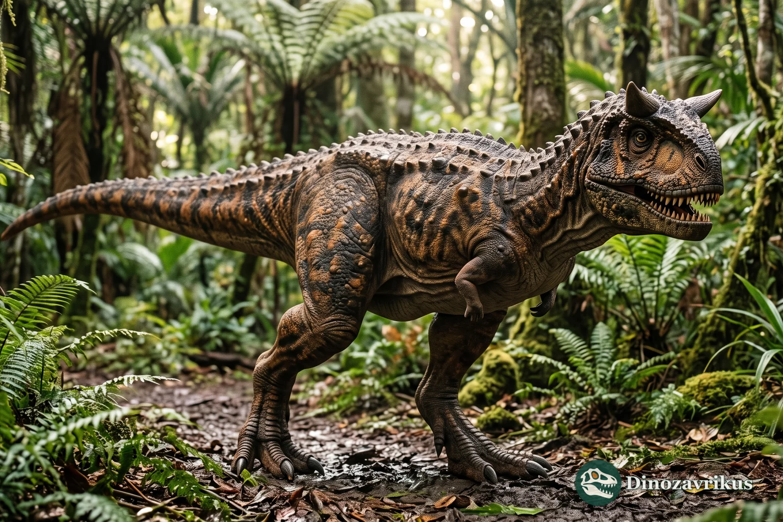 Horned Carnotaurus running across firm ground