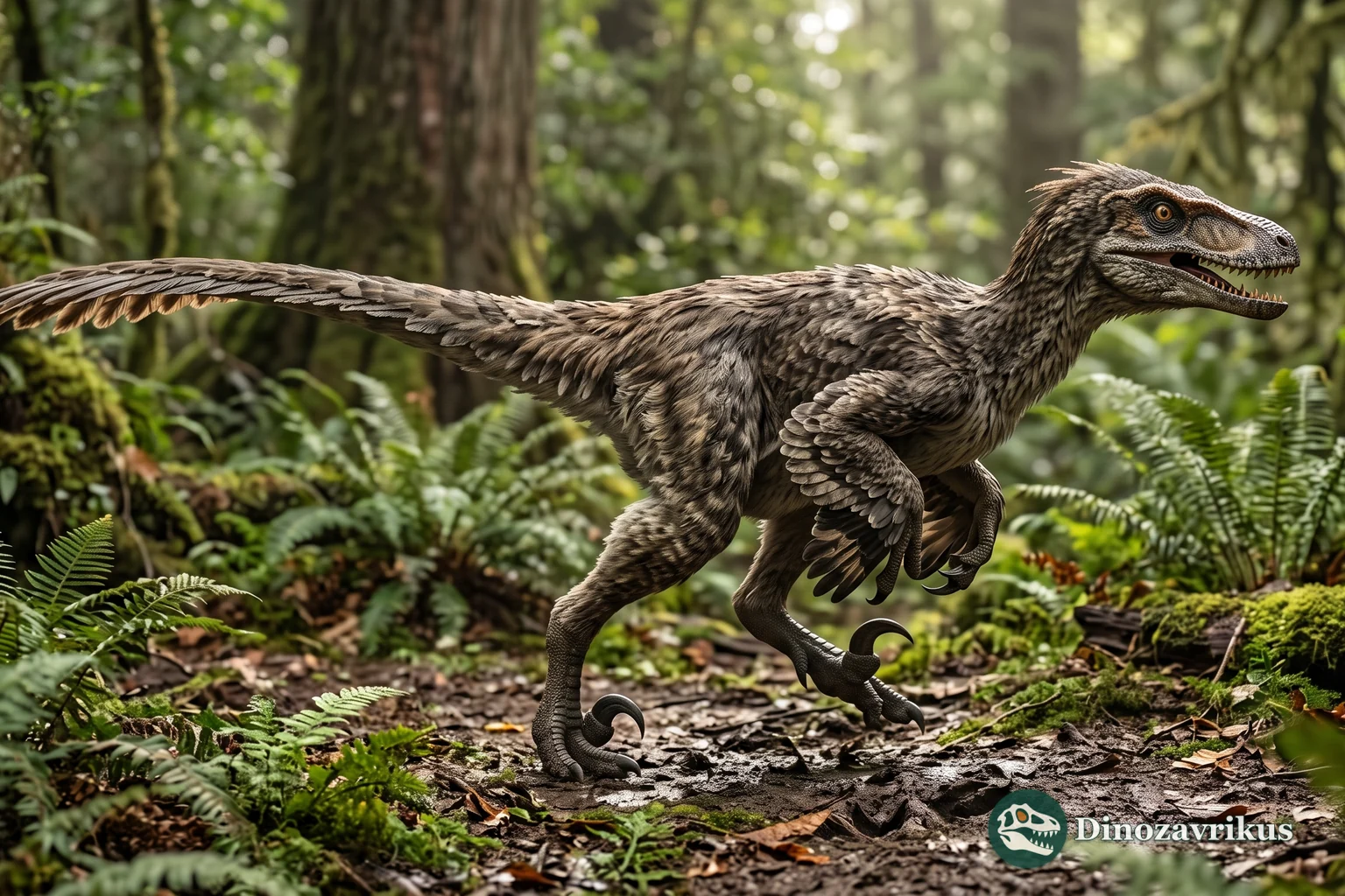Feathered Dromaeosaurus standing alert in woodland