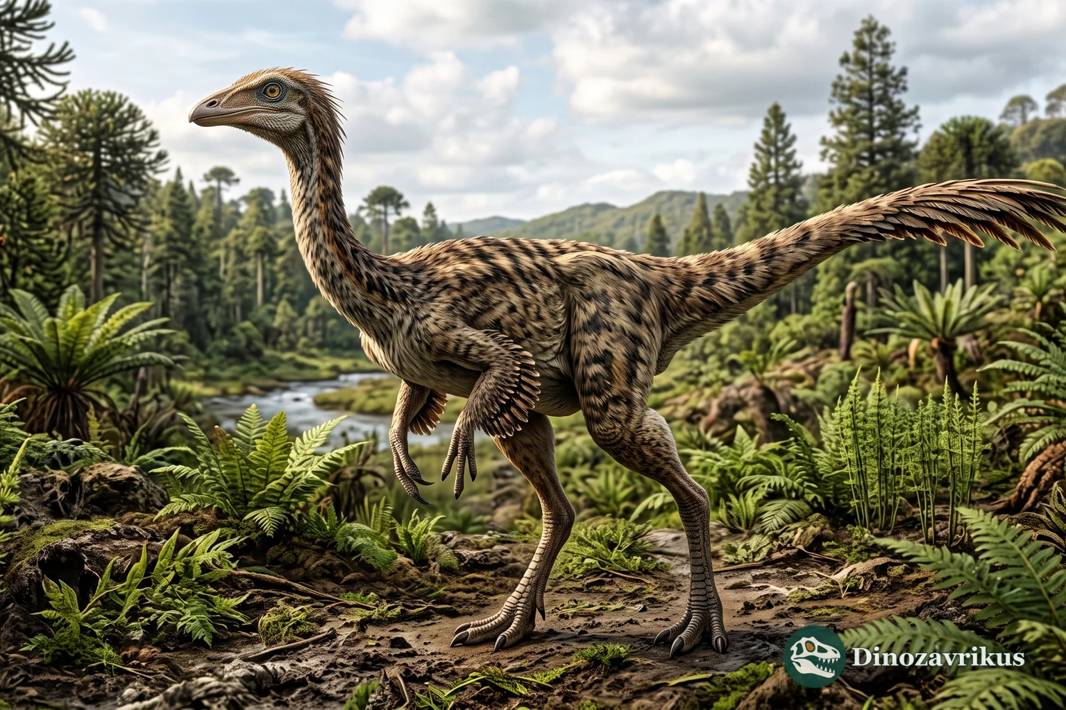 Feathered Ornithomimus moving quickly across a plain