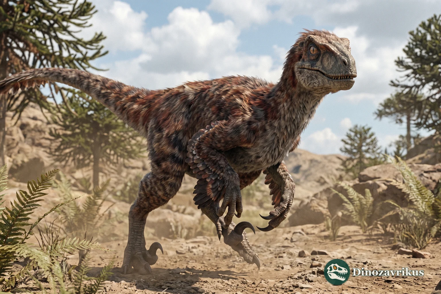 Feathered Velociraptor moving through an arid Cretaceous landscape