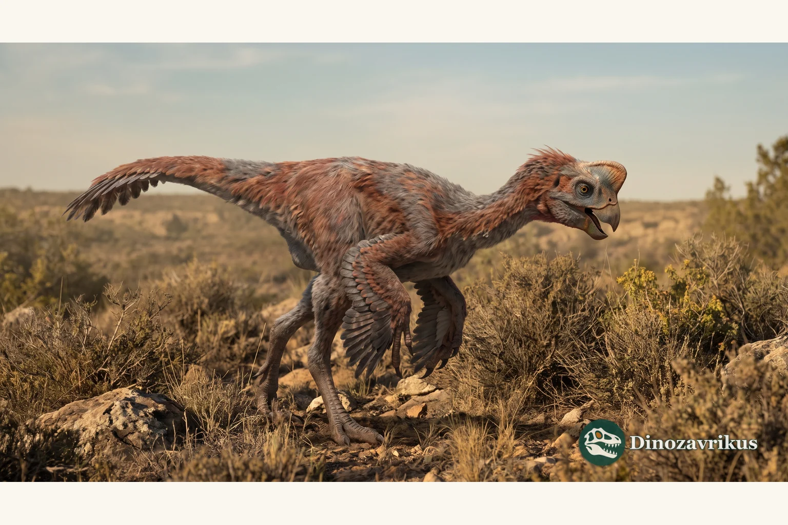 Oviraptor philoceratops reconstructed in an arid Late Cretaceous landscape