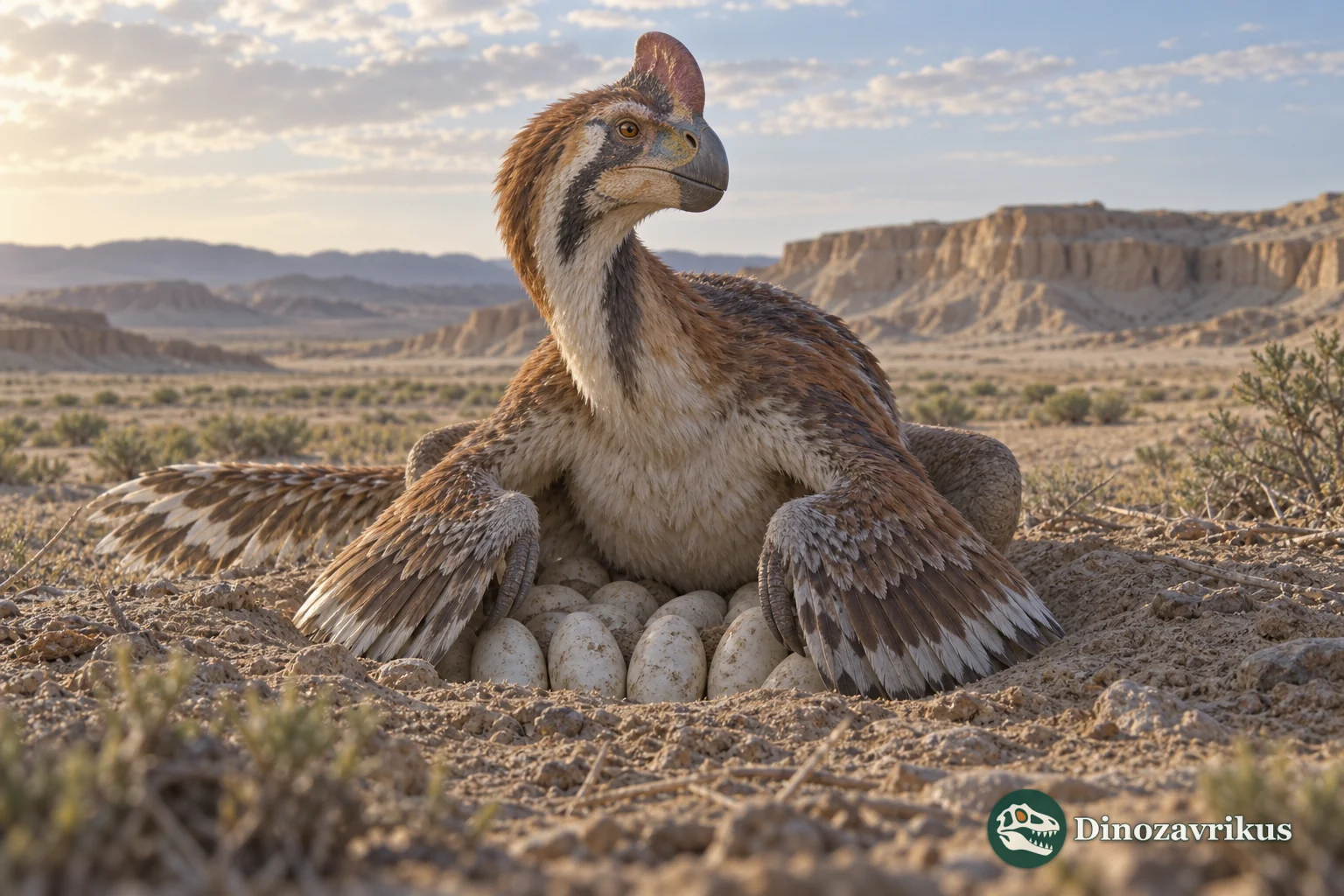 An alert feathered oviraptorid covering a ring-shaped egg clutch
