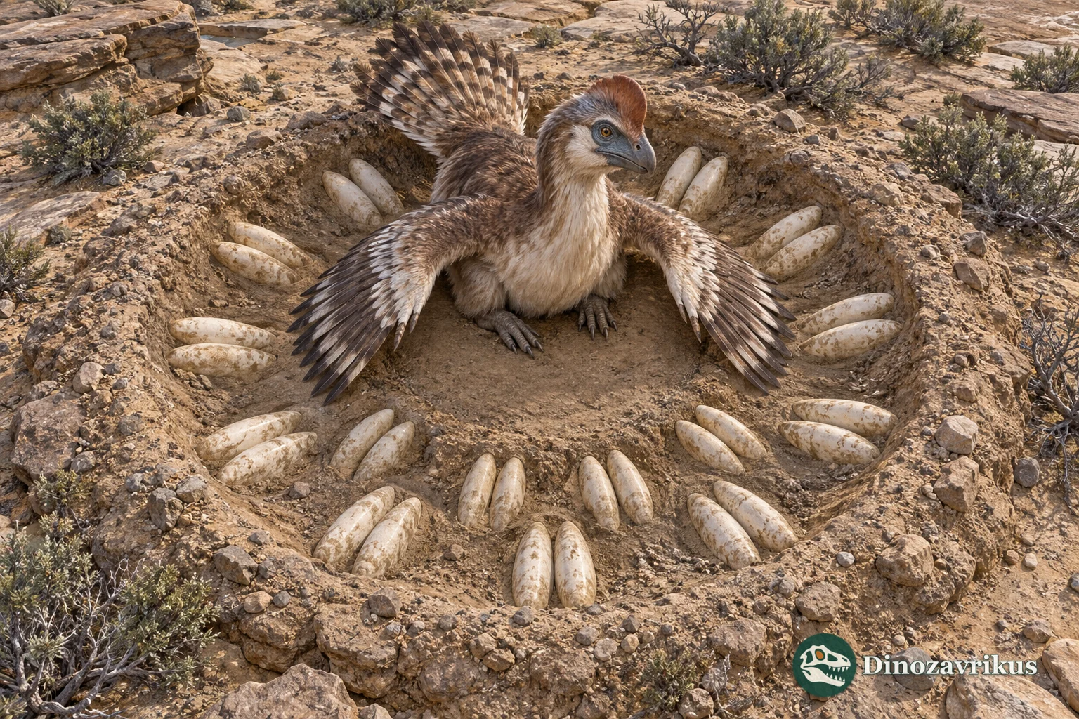 An oviraptorosaur reconstructed above a ring of elongated paired eggs