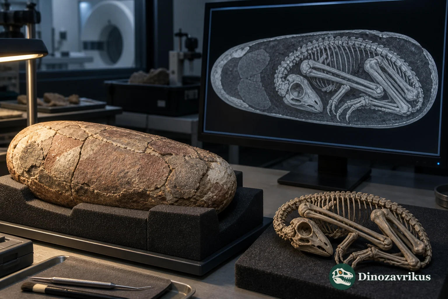 CT visualisation of a curled oviraptorosaur embryo inside an egg