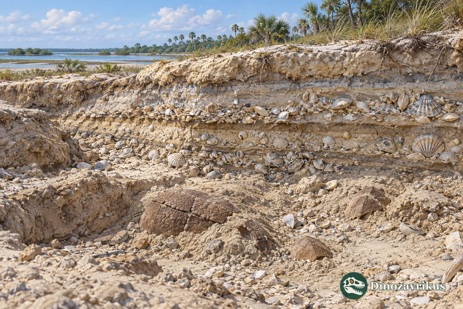 Artistic reconstruction of coastal shell-bearing fossil layers
