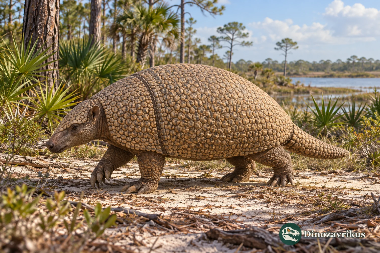 Artistic reconstruction of Pachyarmatherium with heavy bony armor in early Pleistocene Florida