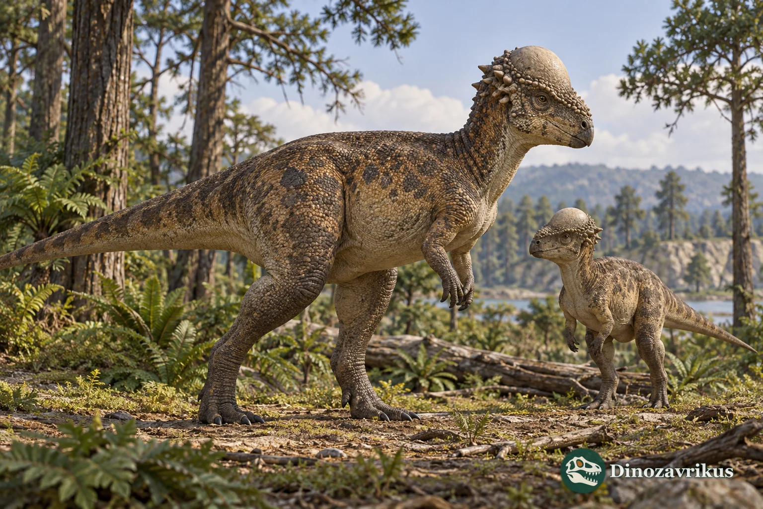 Adult and smaller Pachycephalosaurus with thick rounded skull domes in a Cretaceous woodland