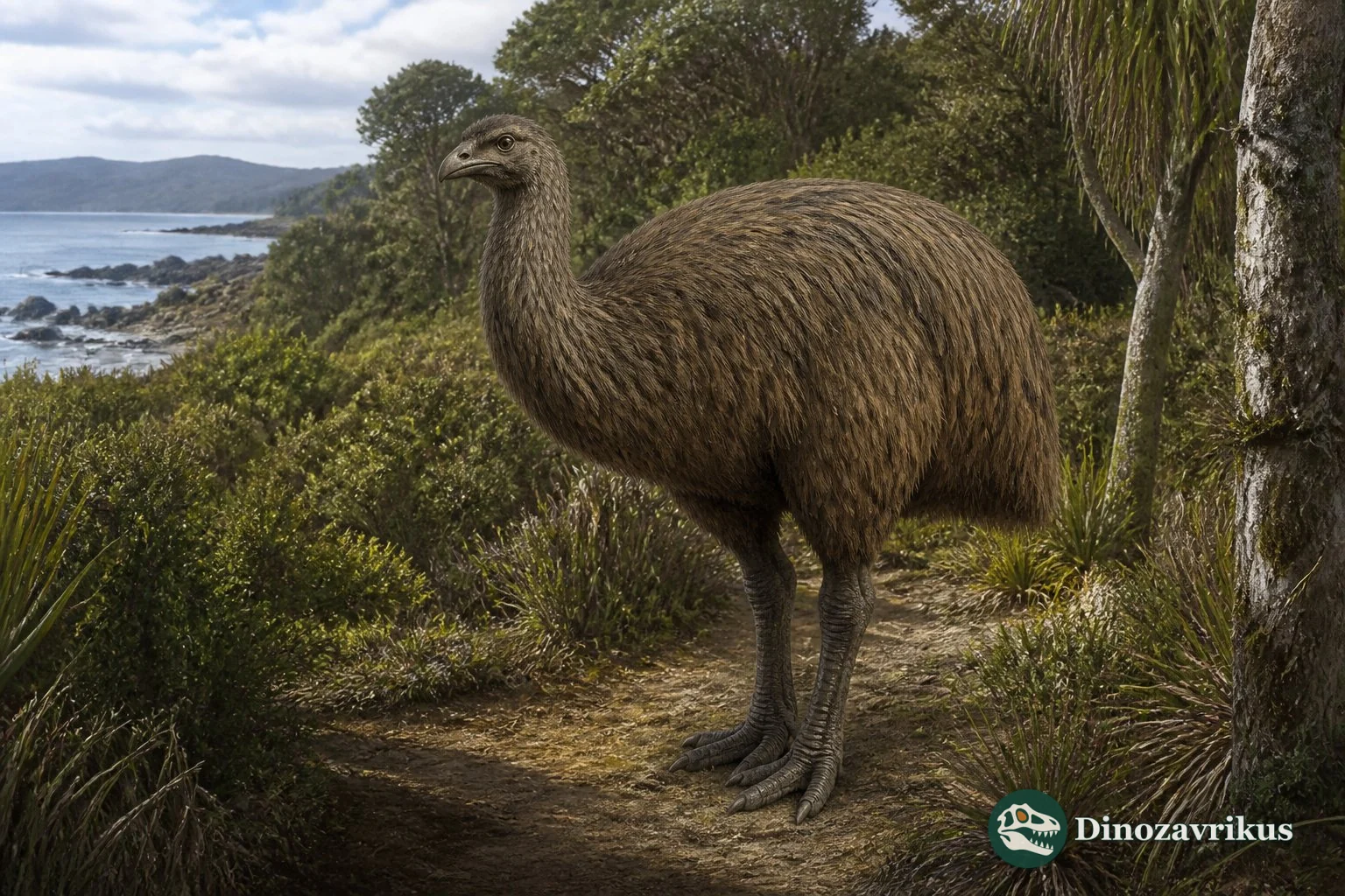 A heavy-footed Pachyornis moa among the vegetation of prehistoric New Zealand