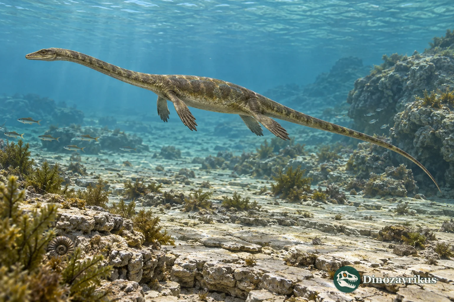 Reconstruction of a small pachypleurosaur swimming over the Middle Triassic carbonate seabed of Monte San Giorgio
