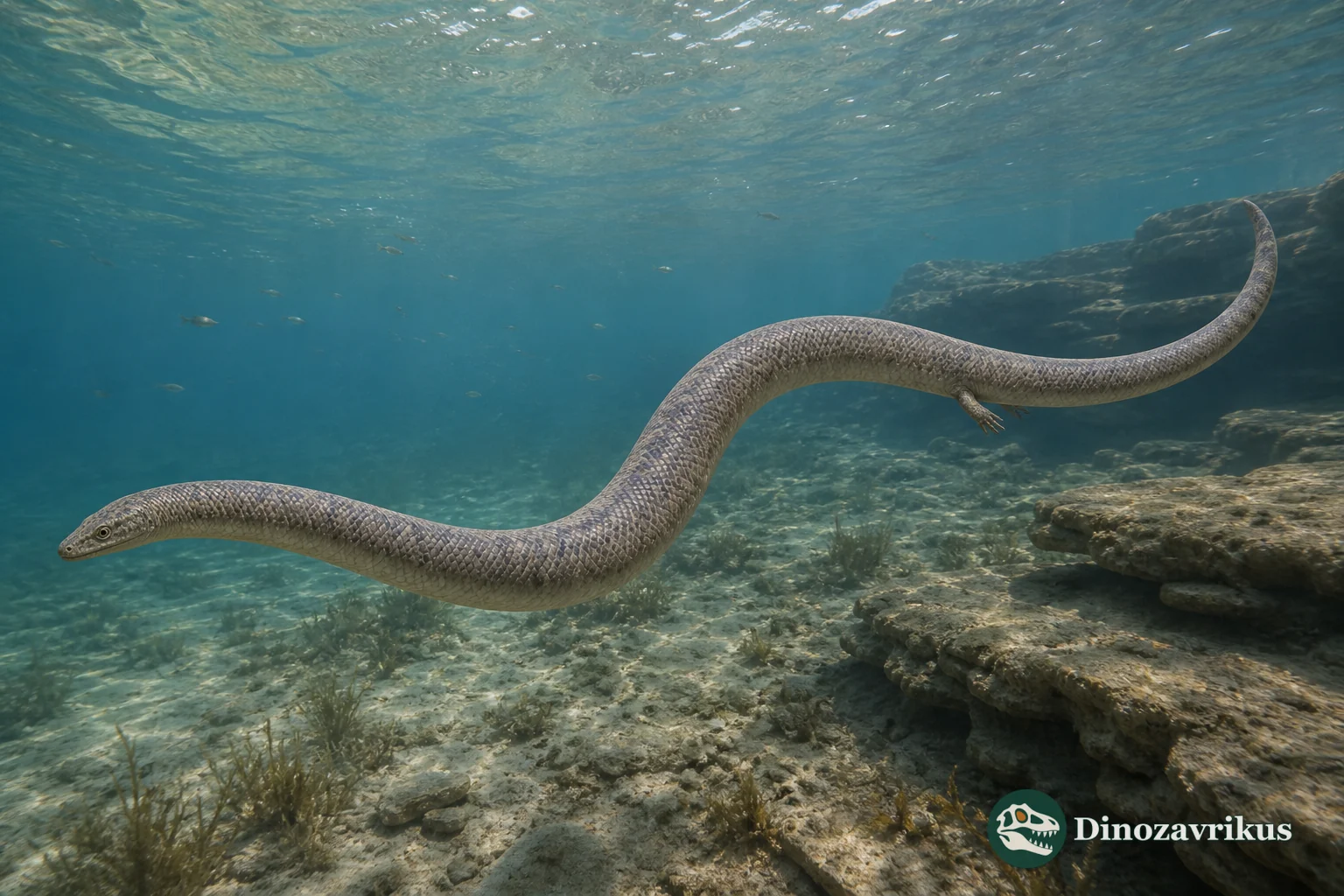 Pachyrhachis problematicus swimming above a Cretaceous marine carbonate bottom