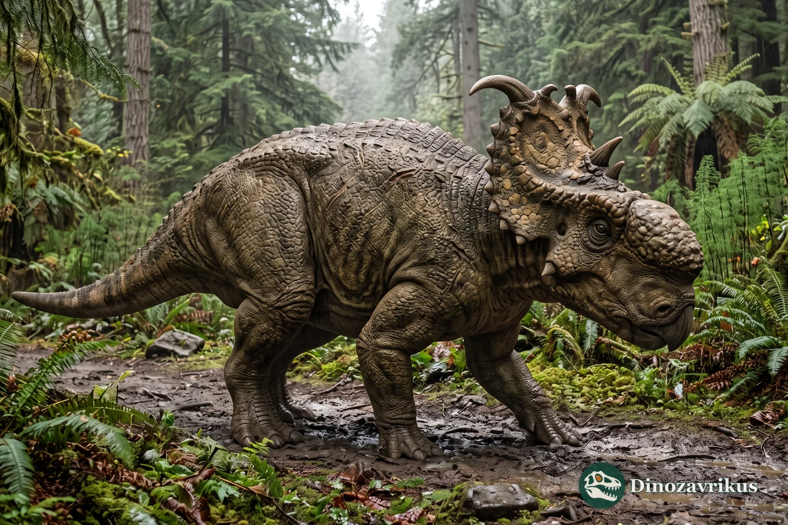 Reconstruction of Pachyrhinosaurus in a northern forest