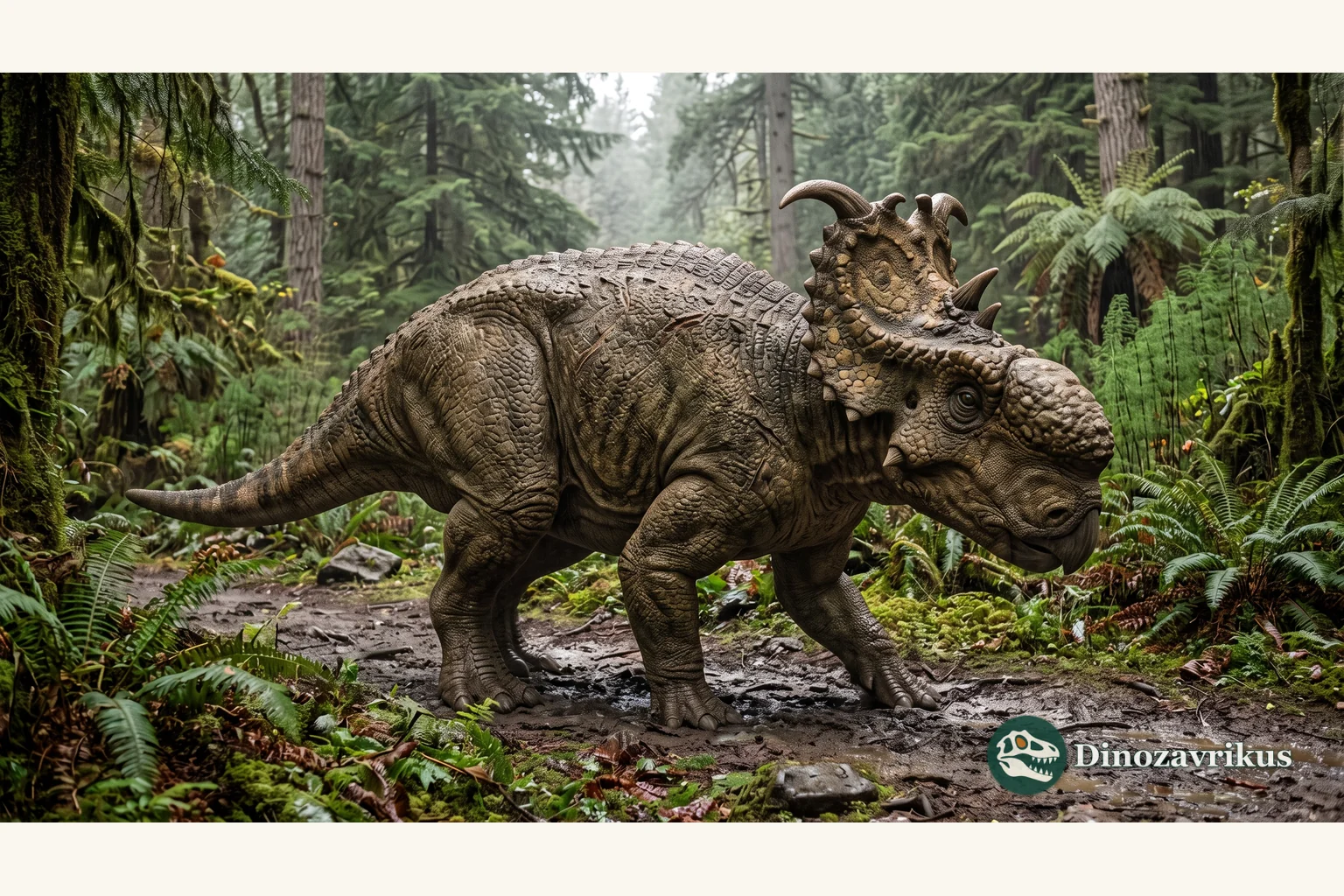 Reconstruction of Pachyrhinosaurus in a northern forest
