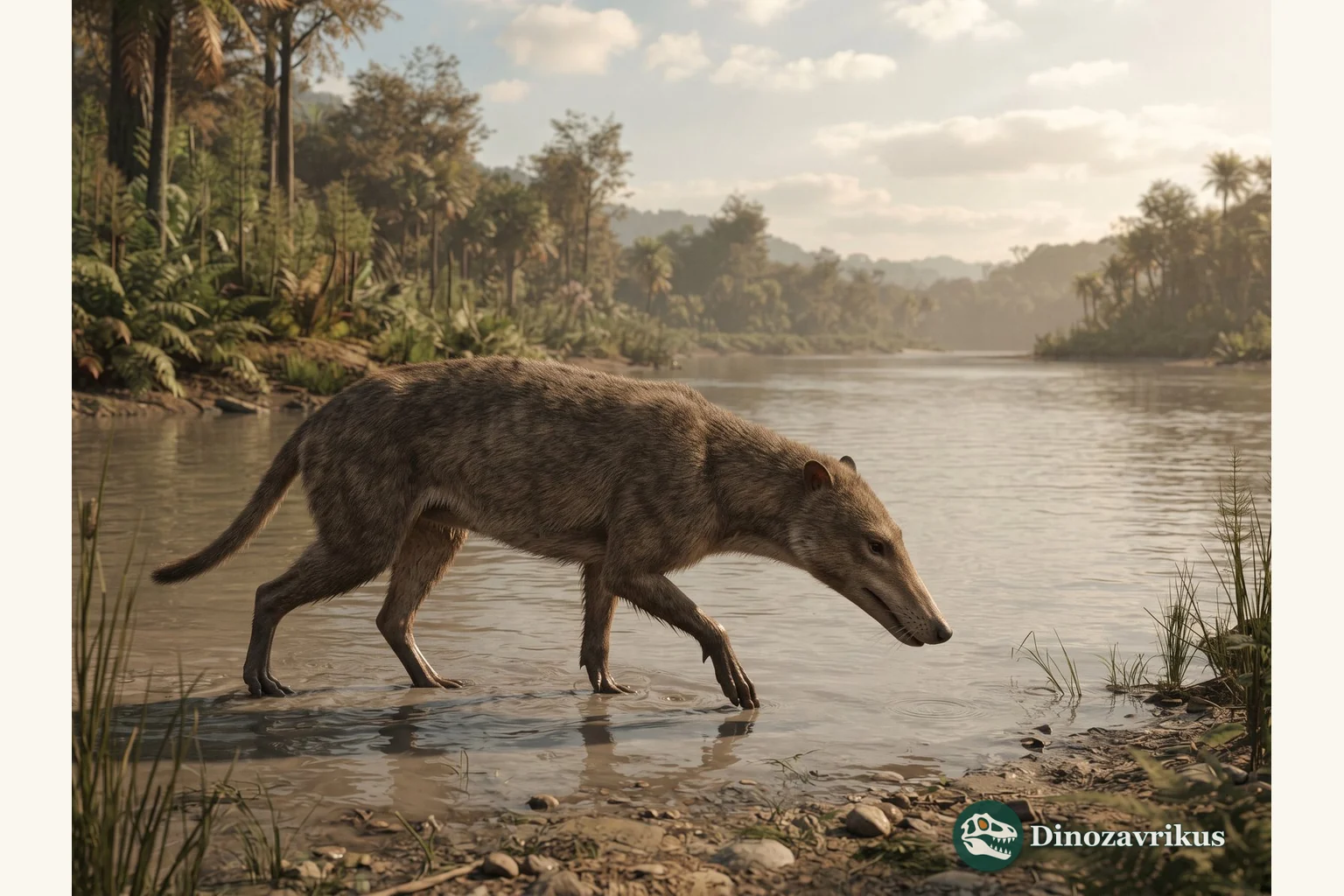 Pakicetus walking through shallow freshwater beside an Eocene river