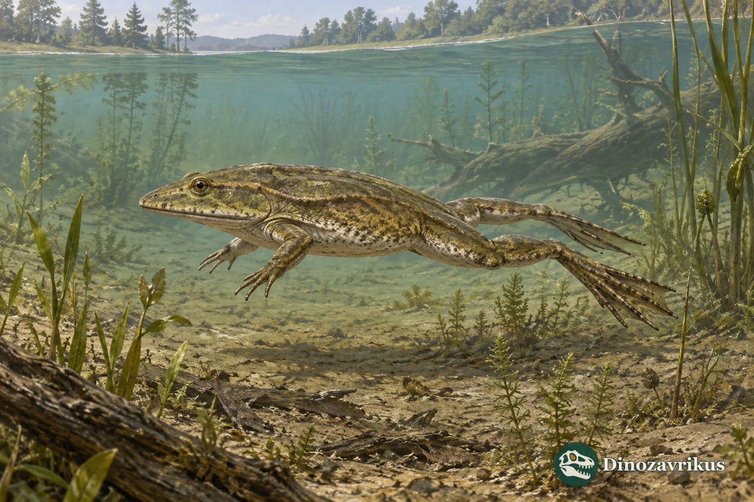 Palaeobatrachus frog swimming in a European Oligocene lake, with flattened head and strong hind limbs