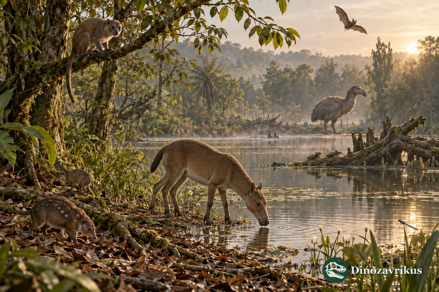 Eocene lake and forest with early mammals, birds and reptiles