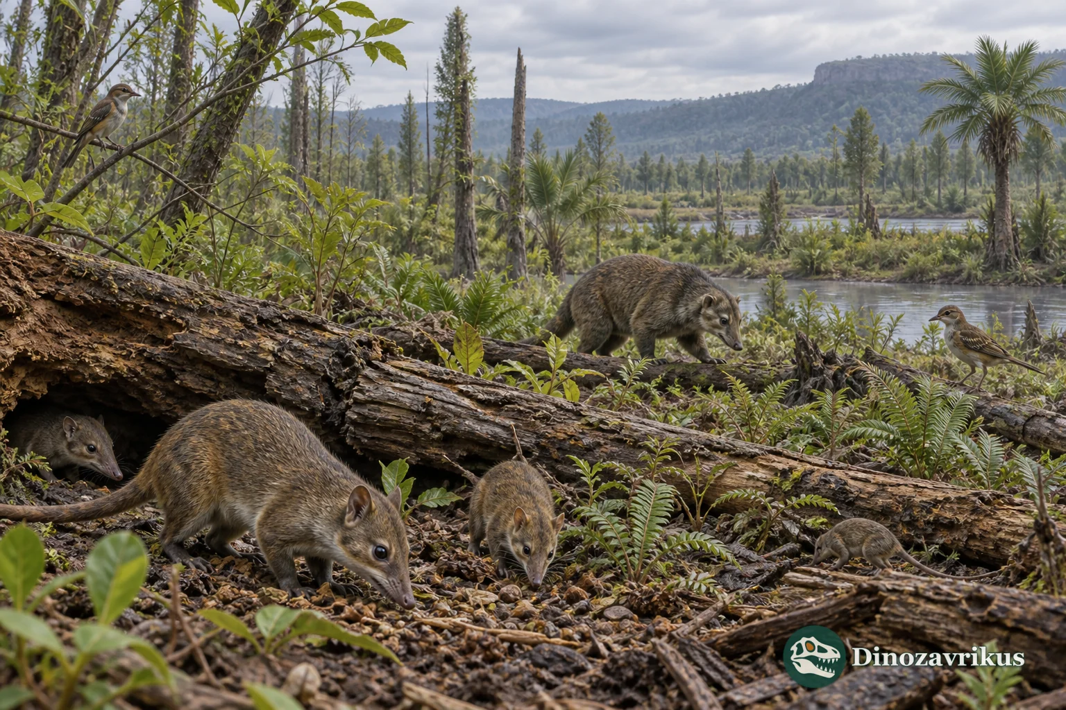 Early Palaeocene floodplain with recovering vegetation and small mammals