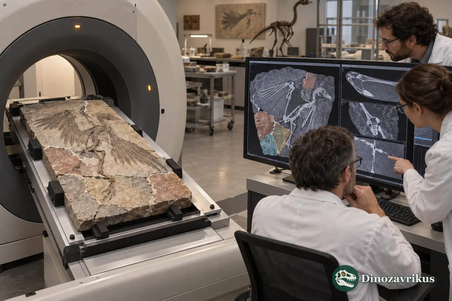 Computed tomography reveals seams and incompatible parts in a composite fossil slab