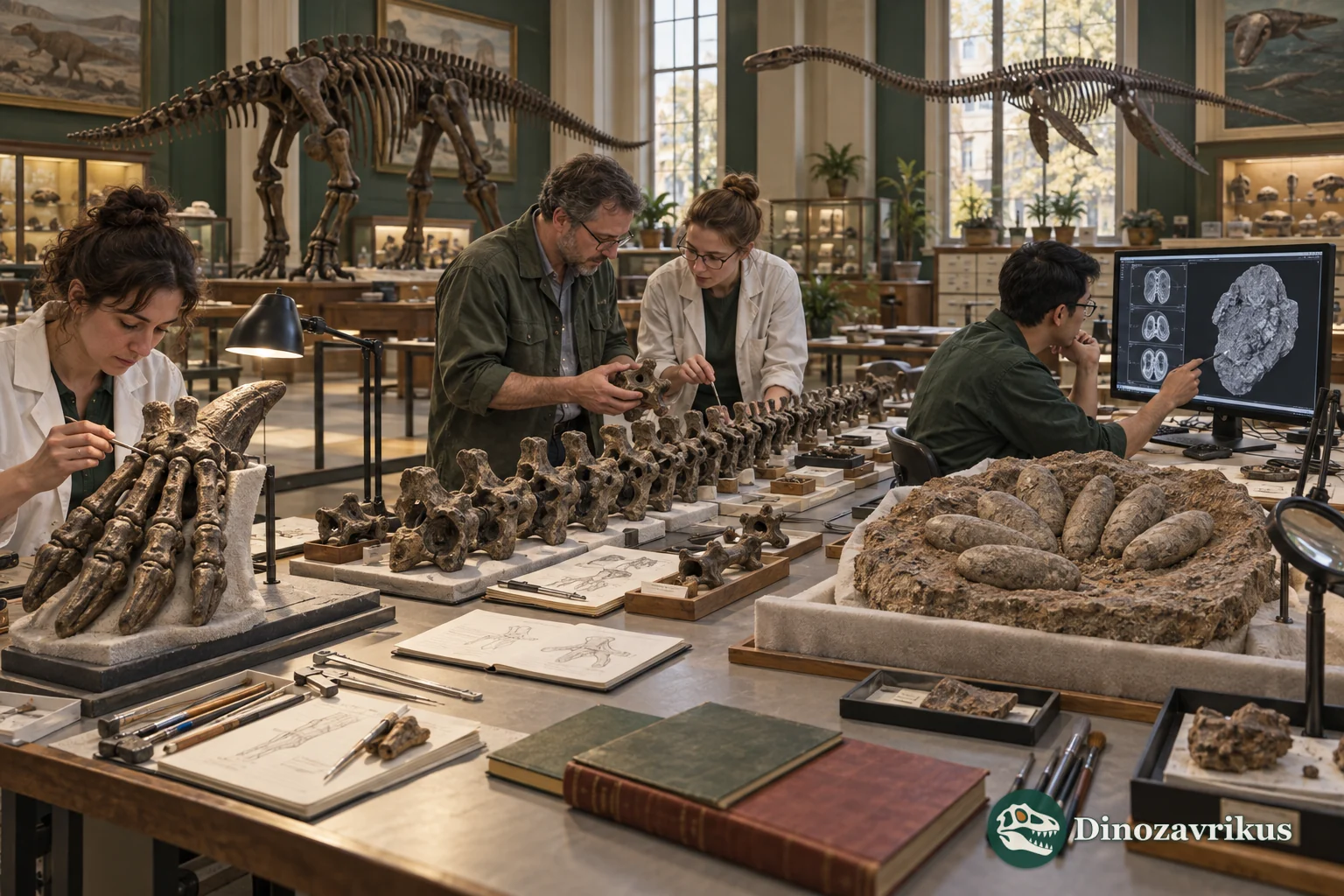 Palaeontologists compare an Iguanodon hand, a plesiosaur vertebral column, a clutch and a scan of a composite fossil