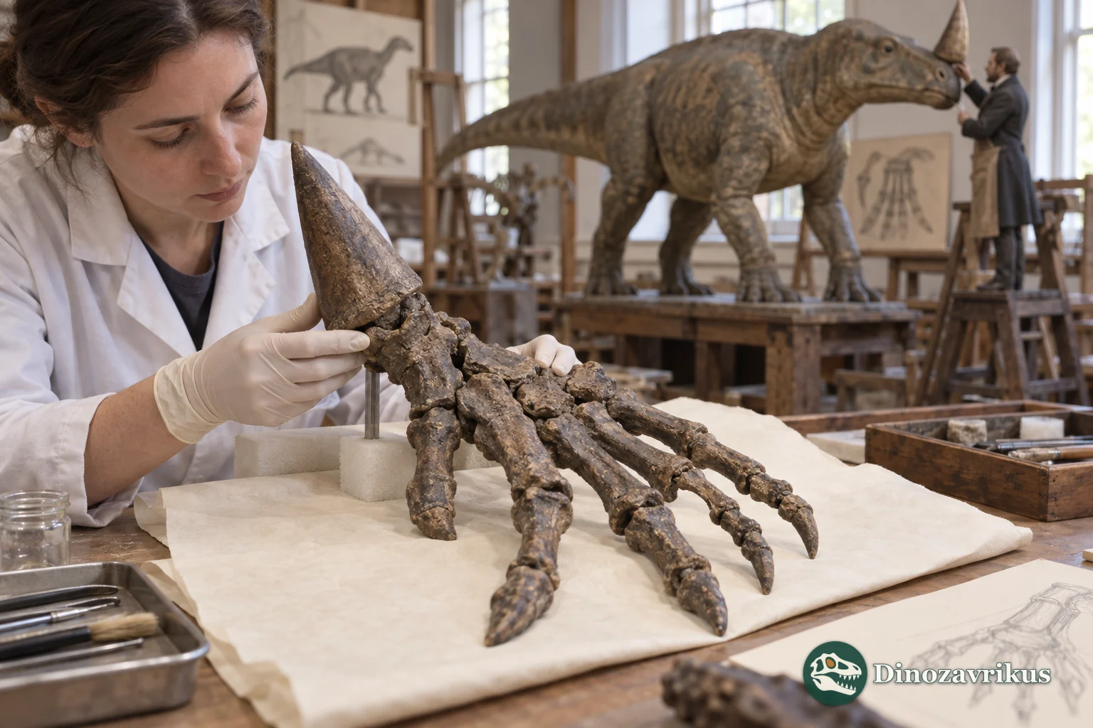 A nineteenth-century workshop contains an early Iguanodon model with a spike on its nose