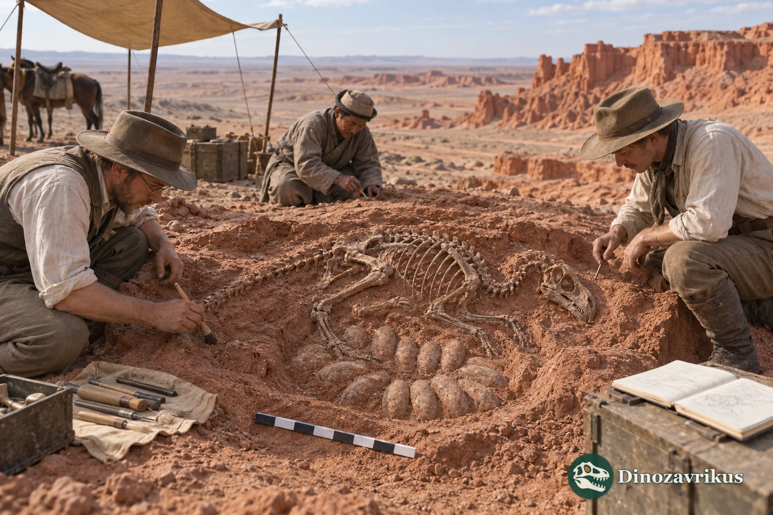 A field team clears an oviraptorid skeleton preserved above a clutch of eggs