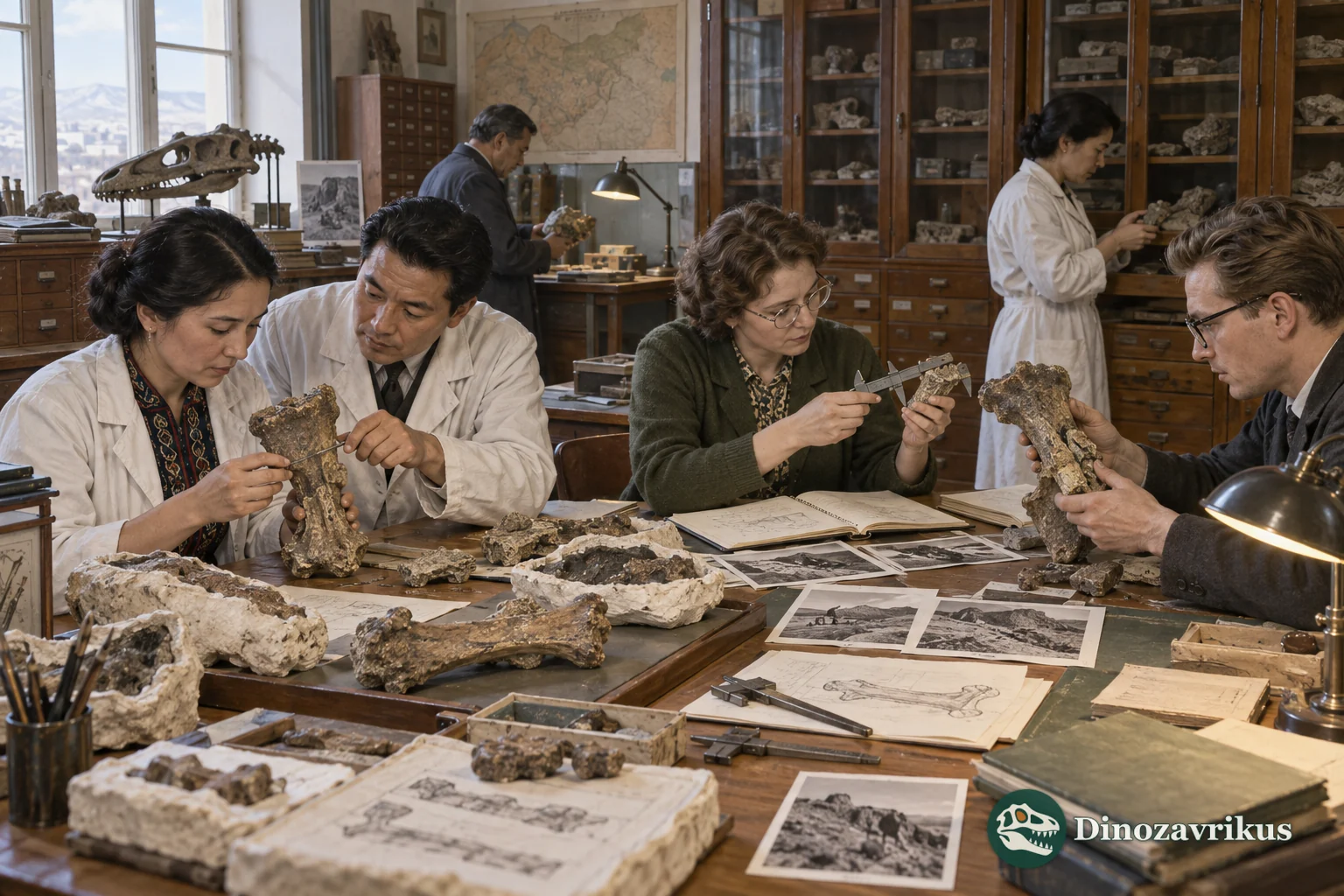 Researchers compare fragmentary bones in a Soviet museum collection