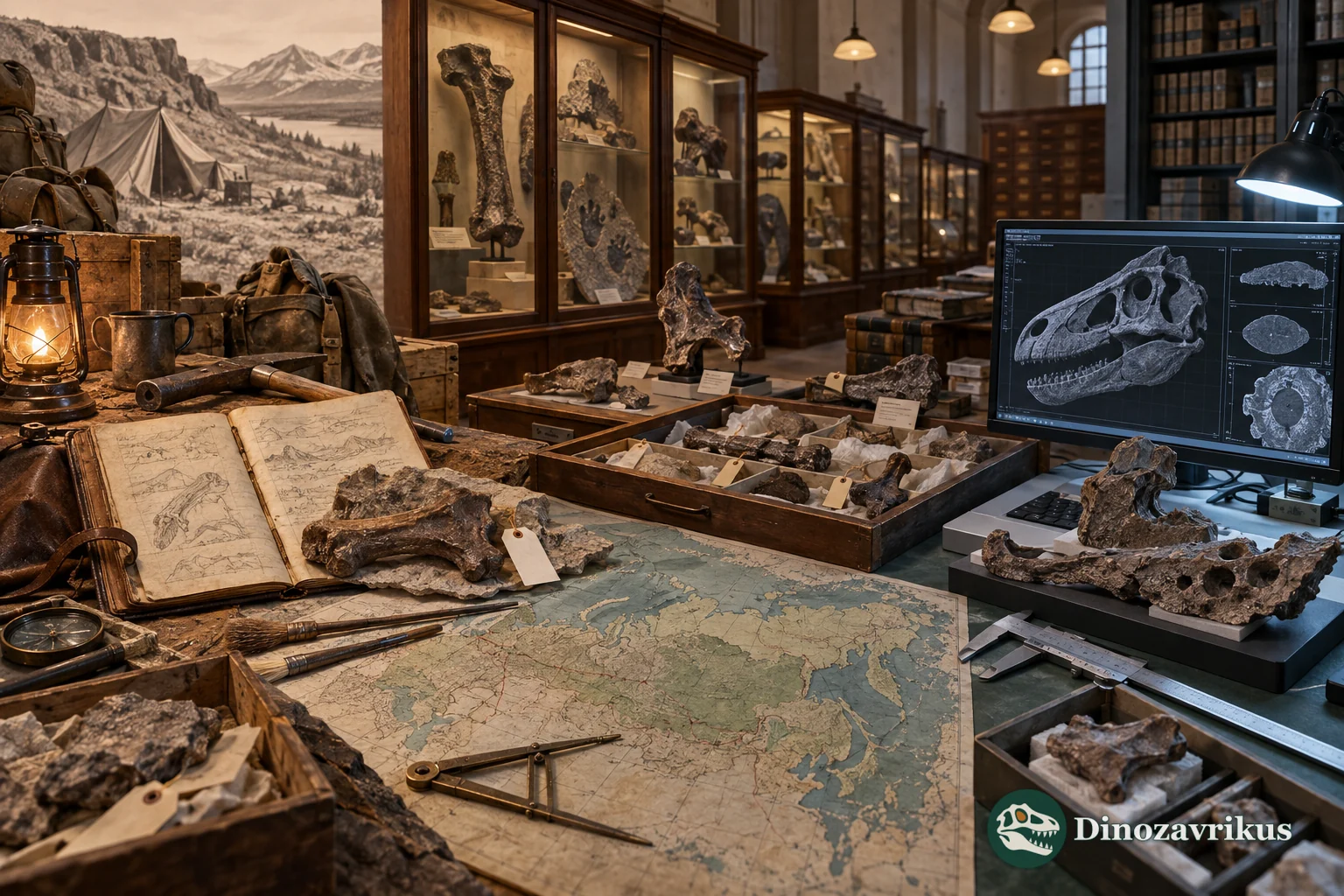 The history of dinosaur research from field notebooks and museum collections to digital scanning