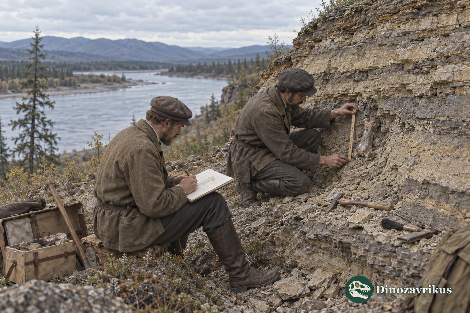 Early twentieth-century geologists document a small bone in a river cliff