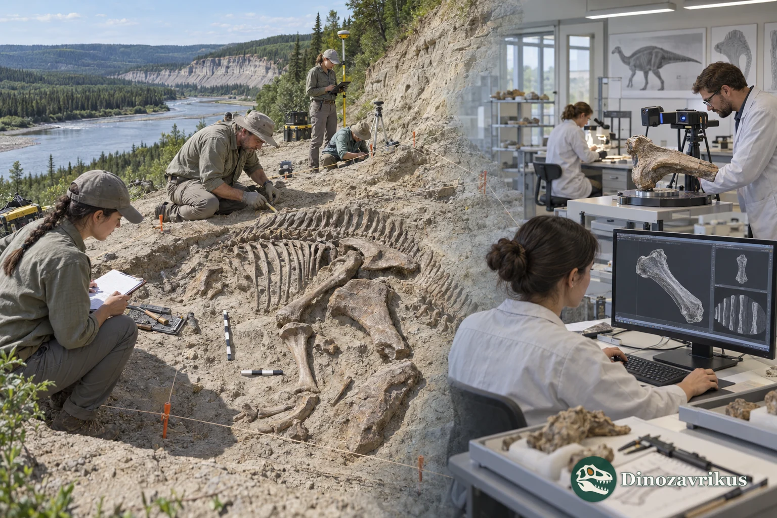 Palaeontologists record a skeleton in the field and examine a bone with digital methods