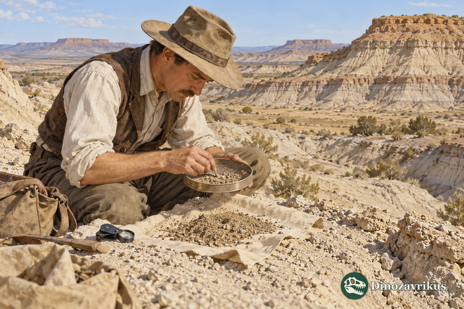 Conceptual field research scene in a Paleocene basin with small fossil fragments and sediment layers