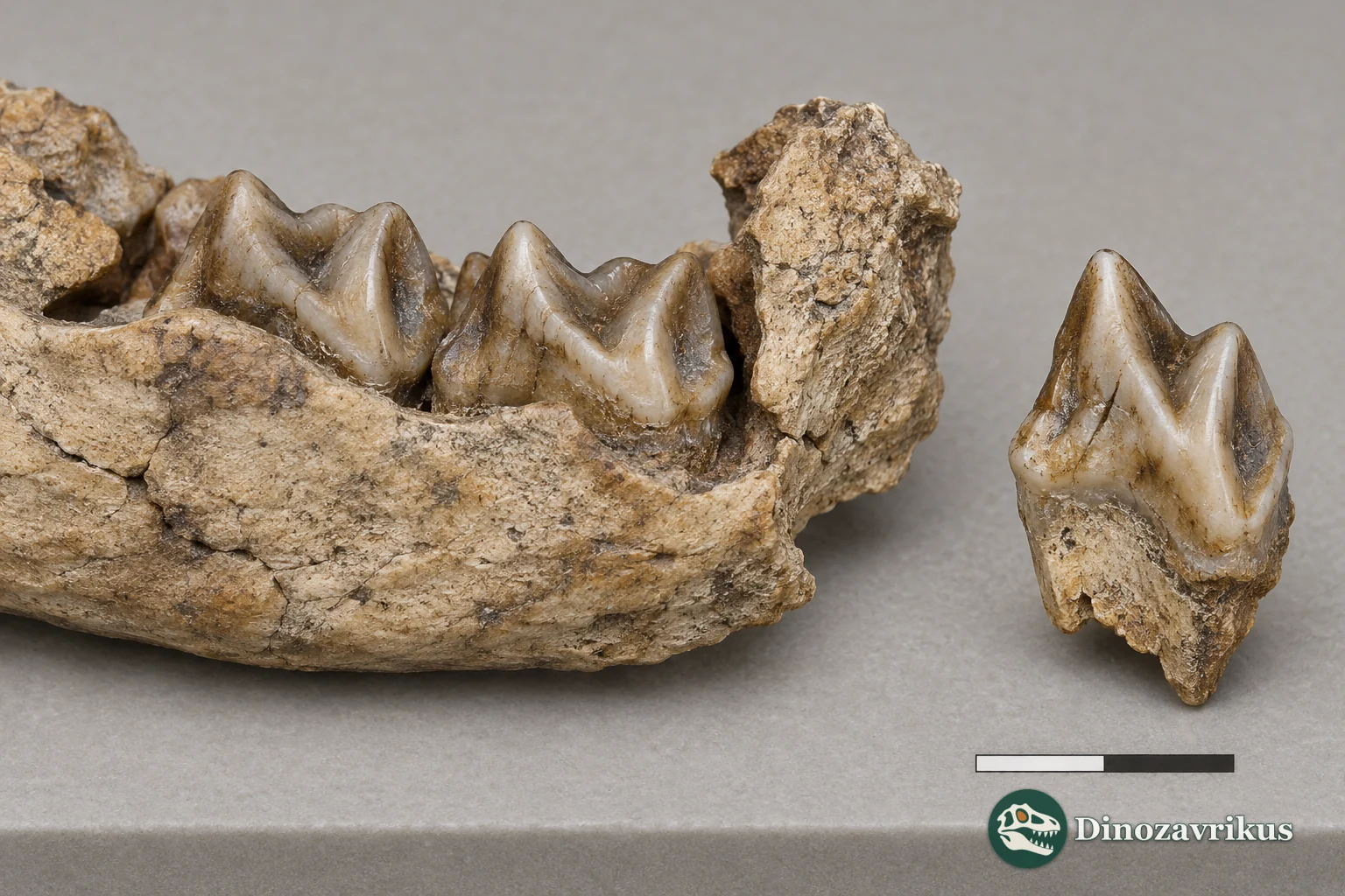 Conceptual close study of a tiny fossil molar and jaw fragment beside a scale under museum lighting