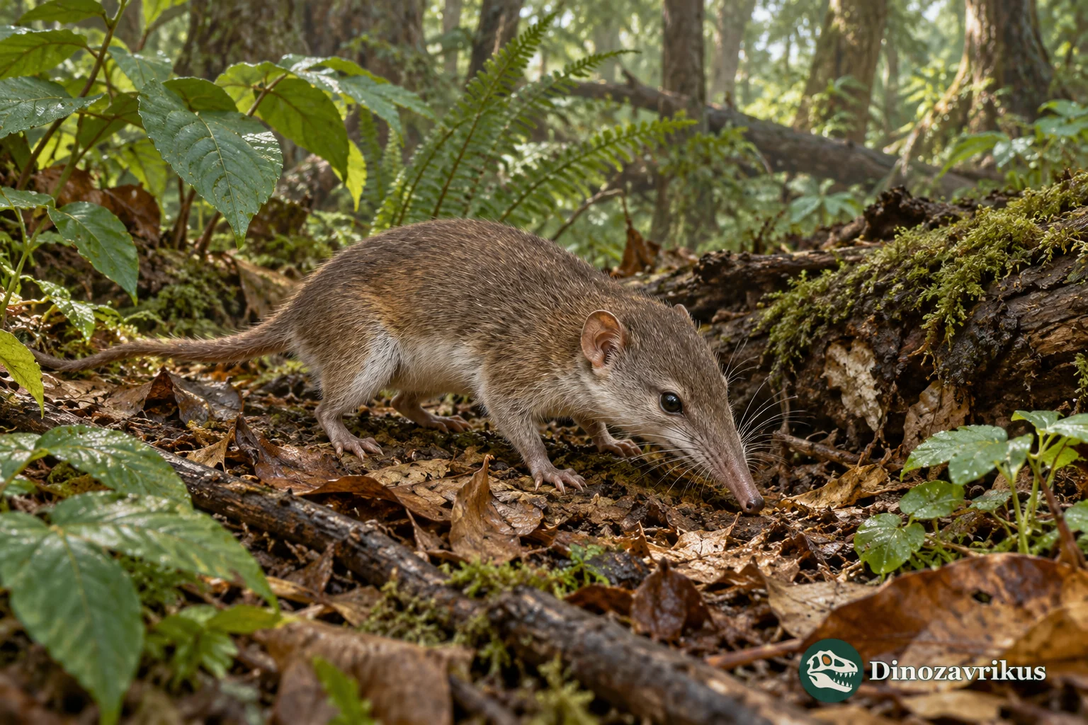 Artistic reconstruction of a small furry early mammal among Paleocene leaf litter