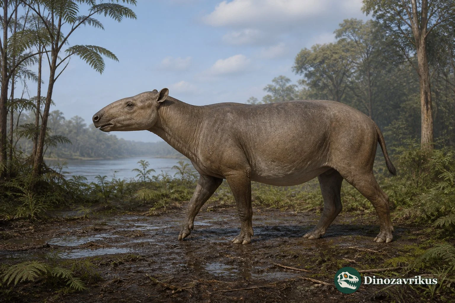Palaeotherium standing on a wooded Eocene floodplain