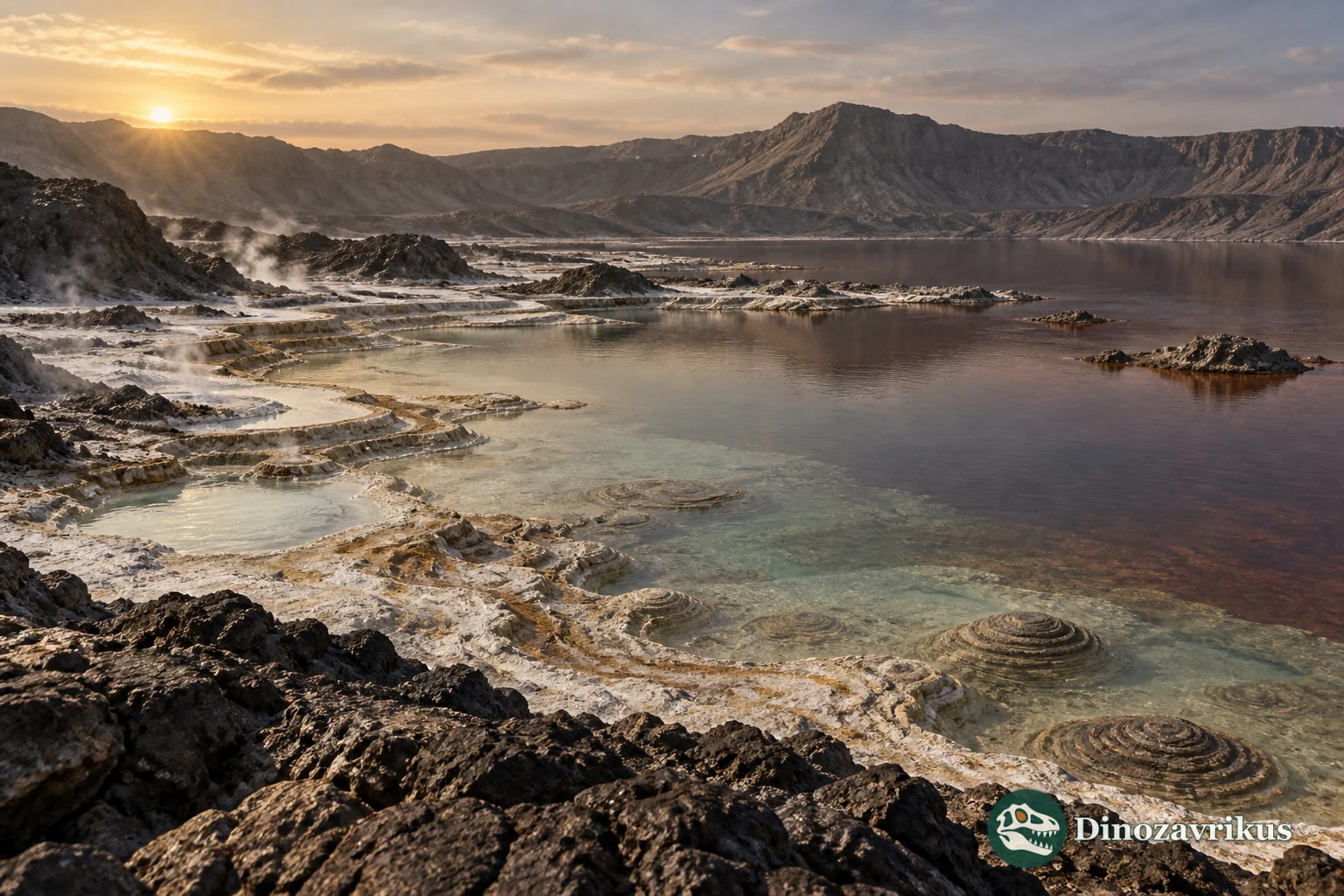 Paleoarchean volcanic caldera with shallow water and hydrothermal terraces