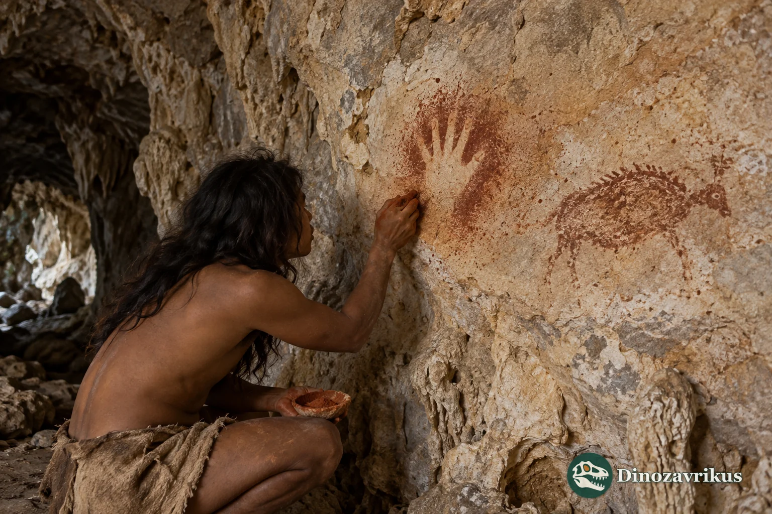 A prehistoric artist applying ochre pigment beside hand stencils on a limestone cave wall