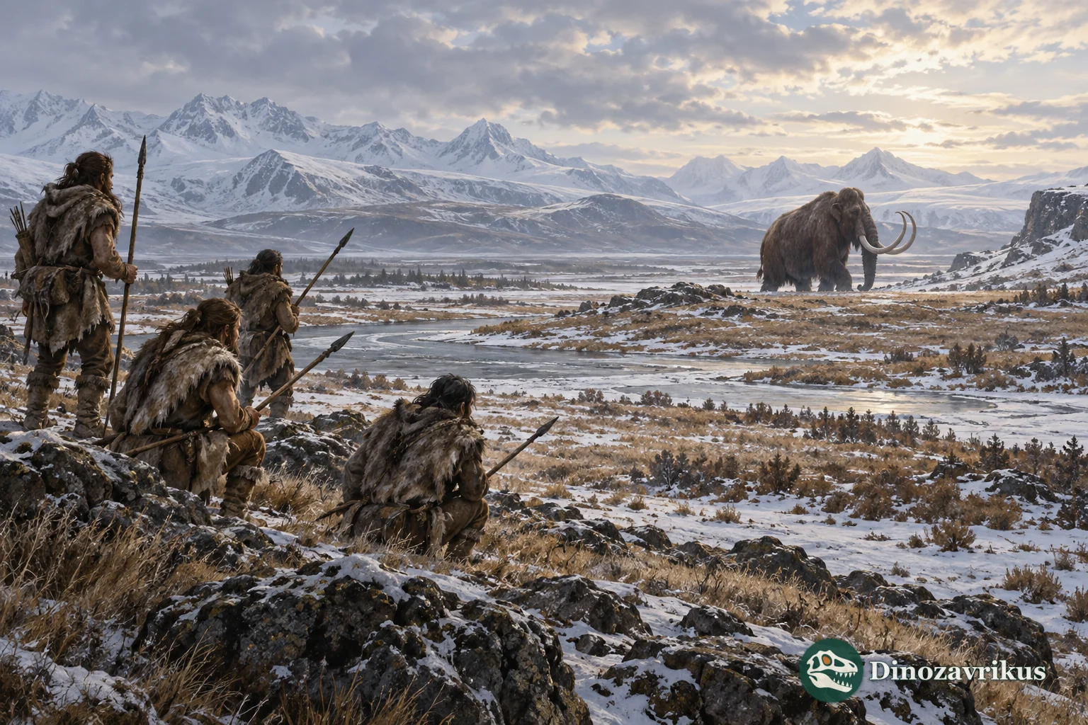 Paleolithic hunters observing a woolly mammoth across a cold steppe