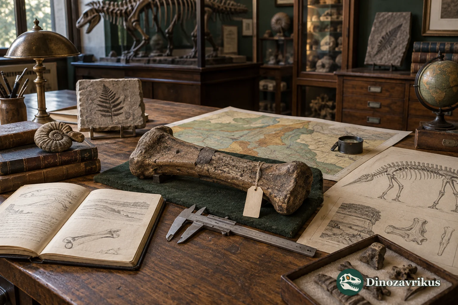Fossil specimens, field notes and measuring tools on a museum study table