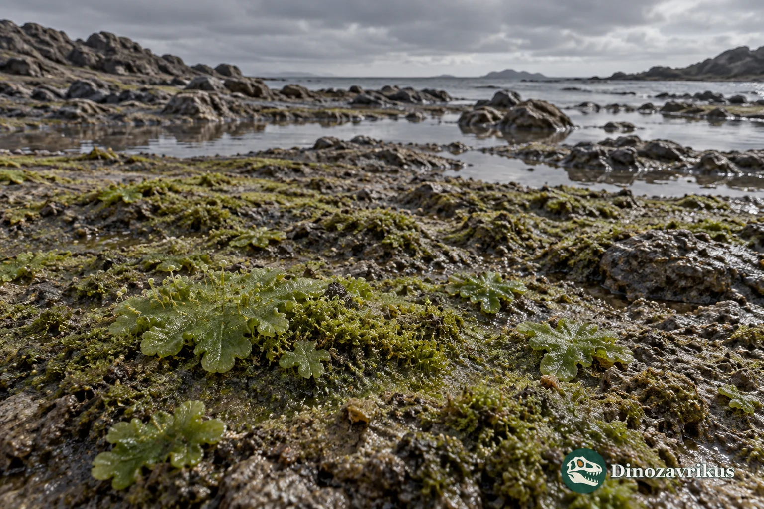 Low early land plants growing beside an Ordovician shoreline