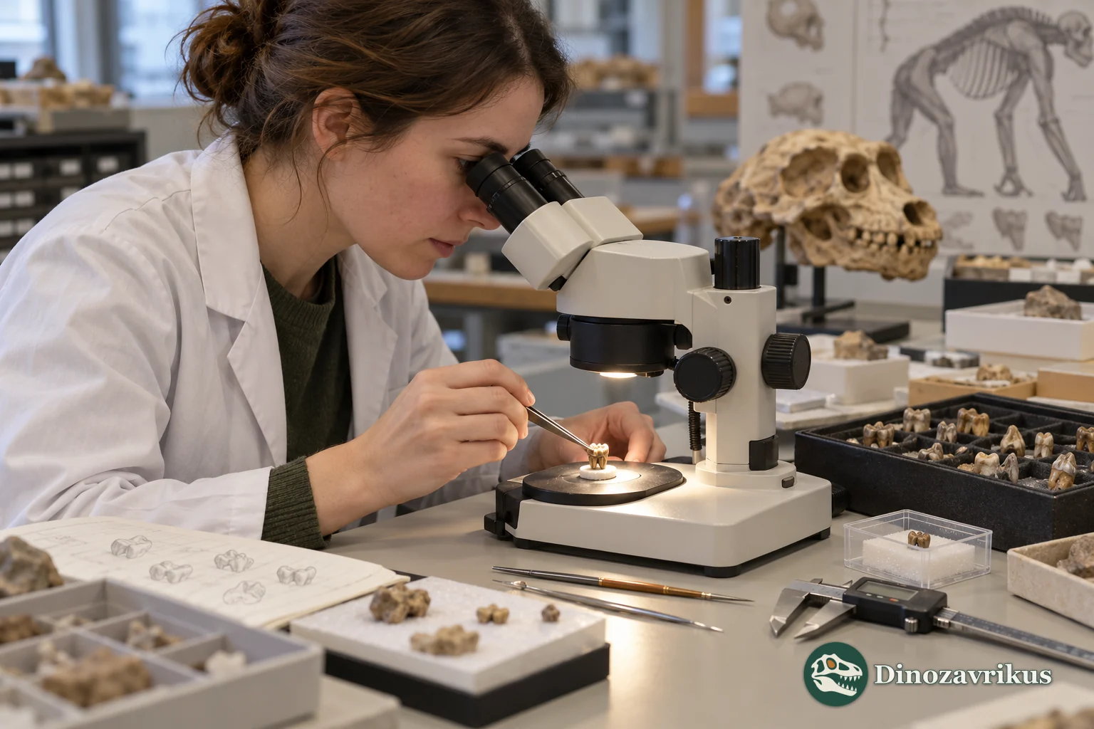 Illustrative museum laboratory study of a small fossil tooth