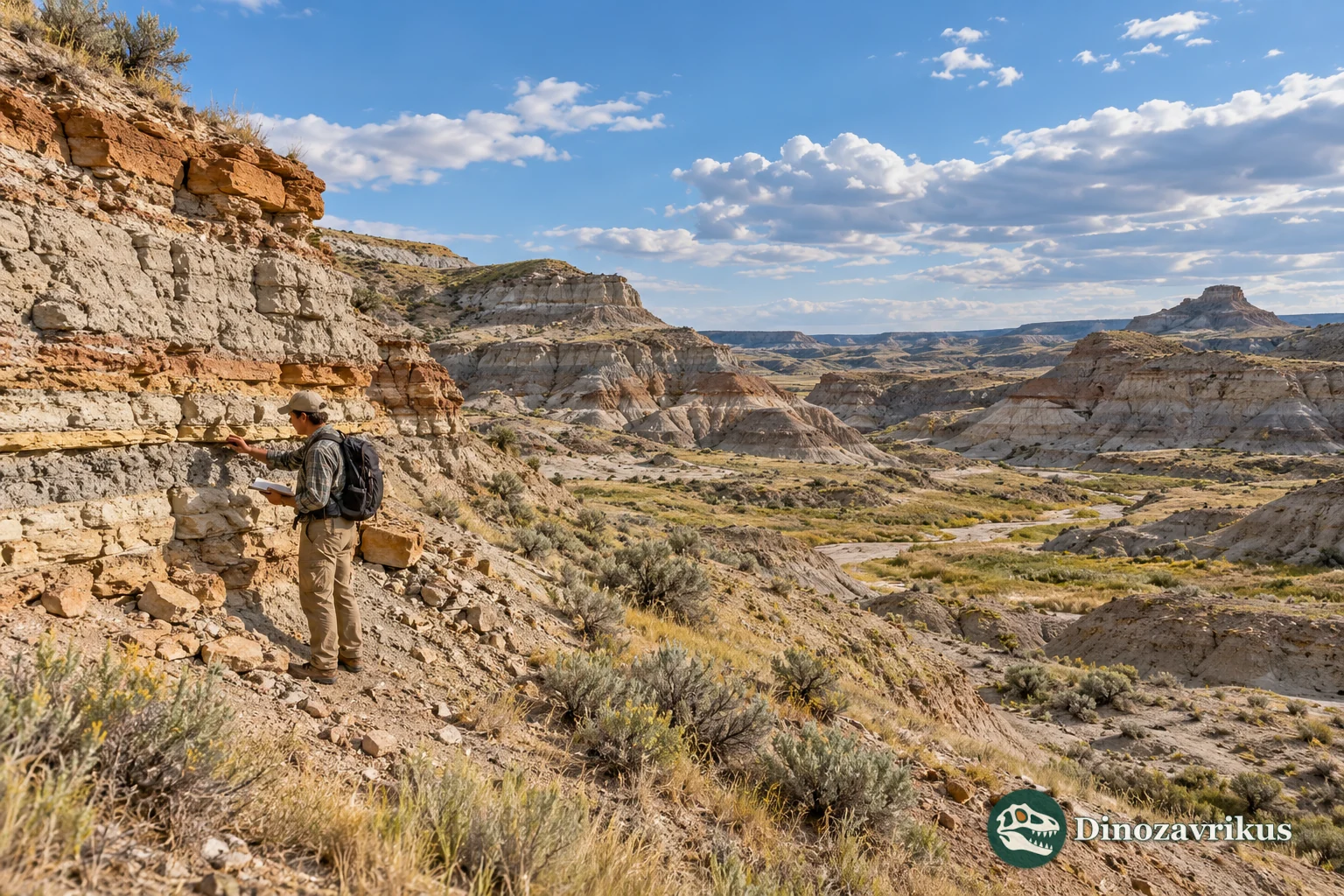 Illustrative Paleocene badlands landscape with a geologist examining sedimentary layers
