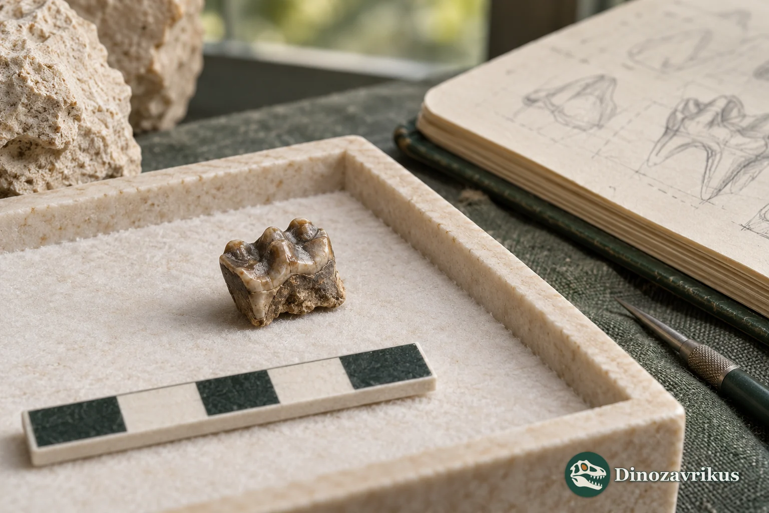 Illustrative museum display of an isolated molar; the body of Paleotomus is unknown