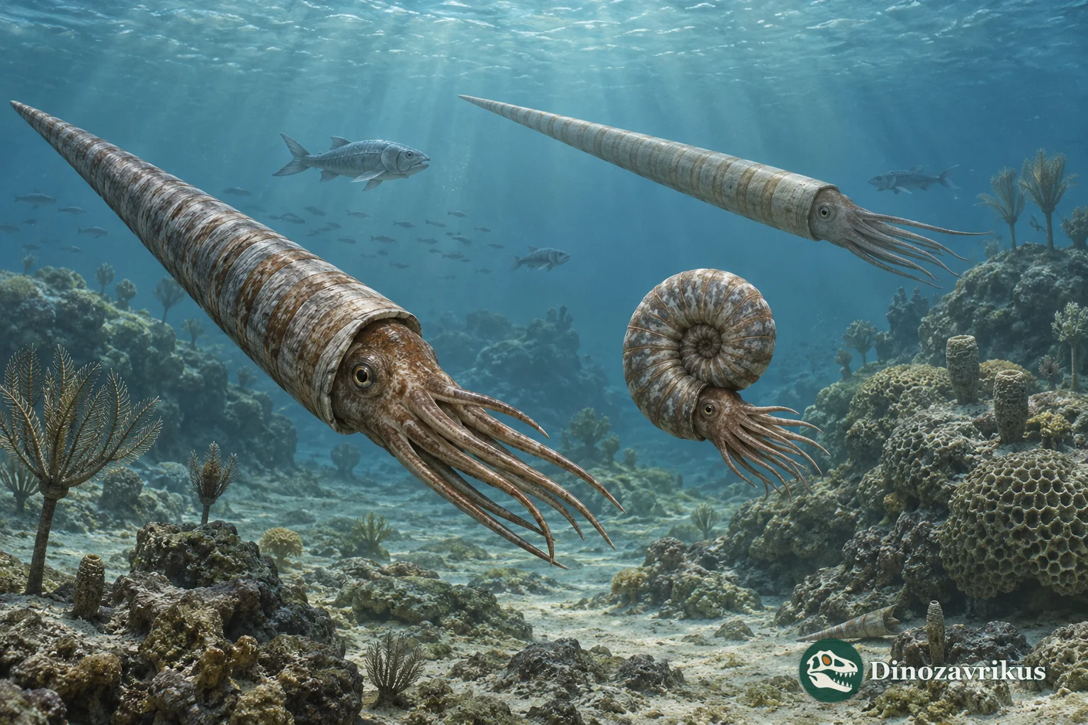 Straight-shelled nautiloids and a coiled ammonoid in a reconstructed Paleozoic sea