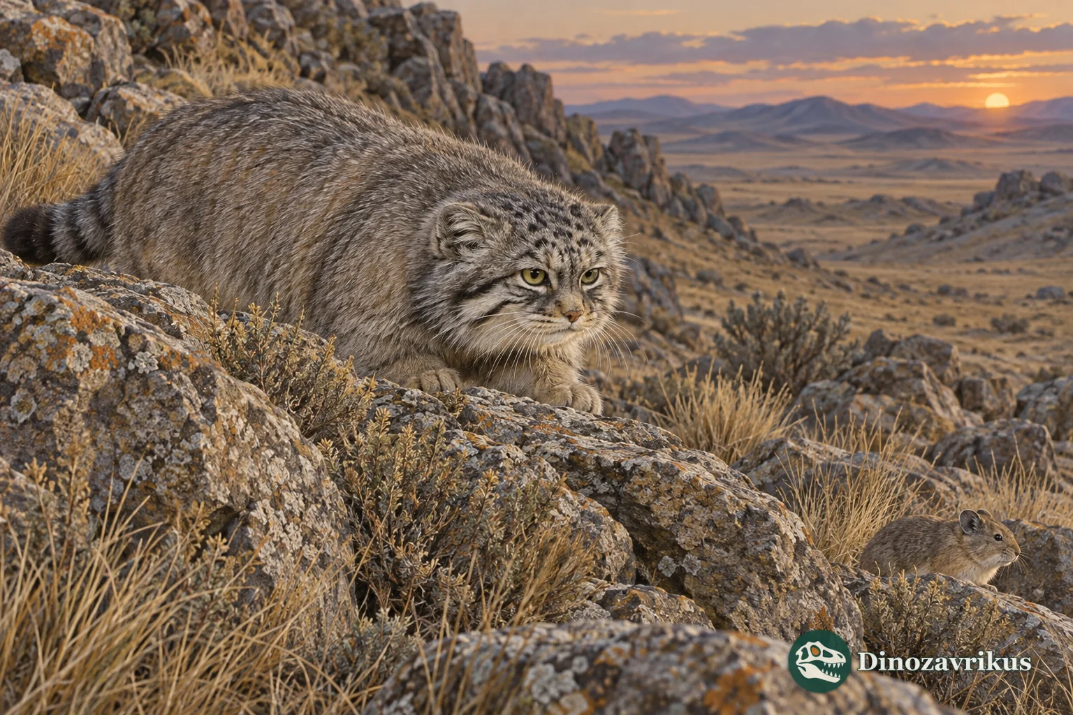 A Pallas’s cat crouching among rocks in Central Asian steppe at dusk, watching for a small mammal