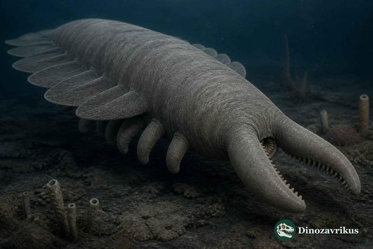 Pambdelurion reconstruction with a long annulated body, lobopod legs beneath it and repeated dorsolateral flaps