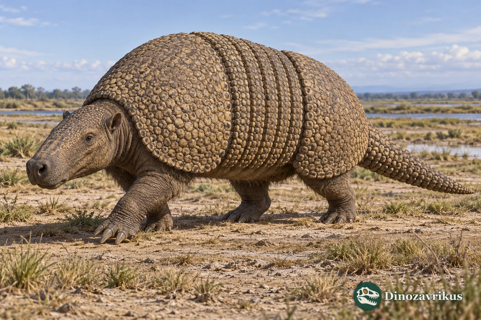 Artistic reconstruction of Pampatherium on an open South American floodplain