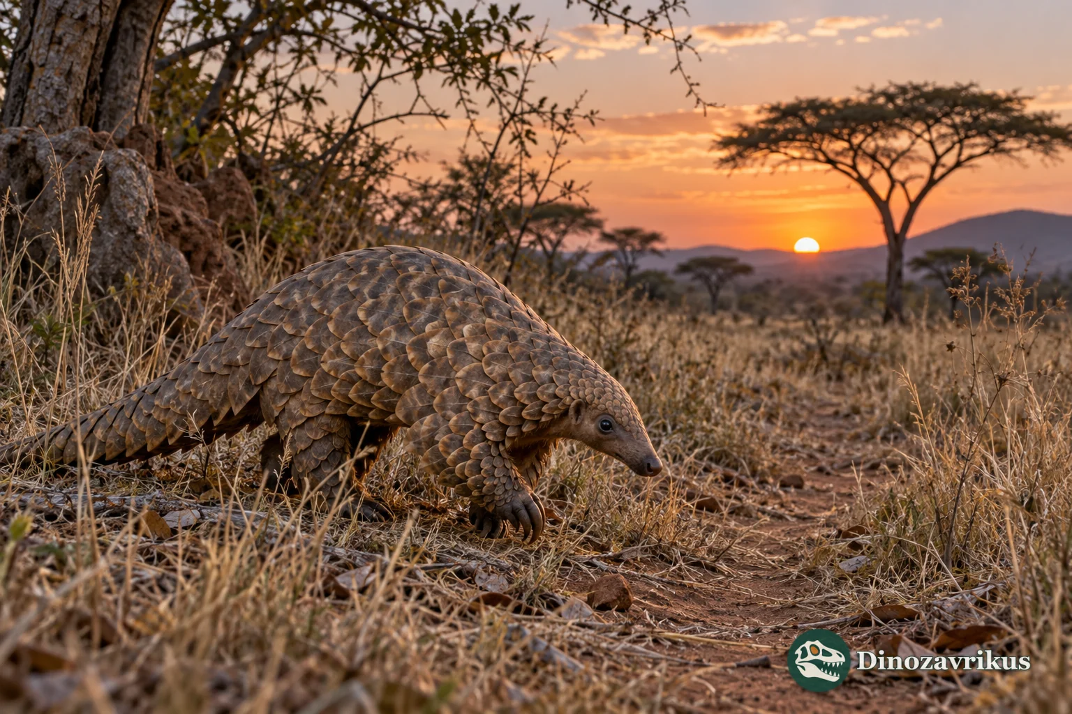 Temminck’s ground pangolin walking through dry African woodland at dusk